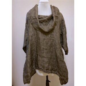IC brown linen cowl long sleeve tunic with pockets.